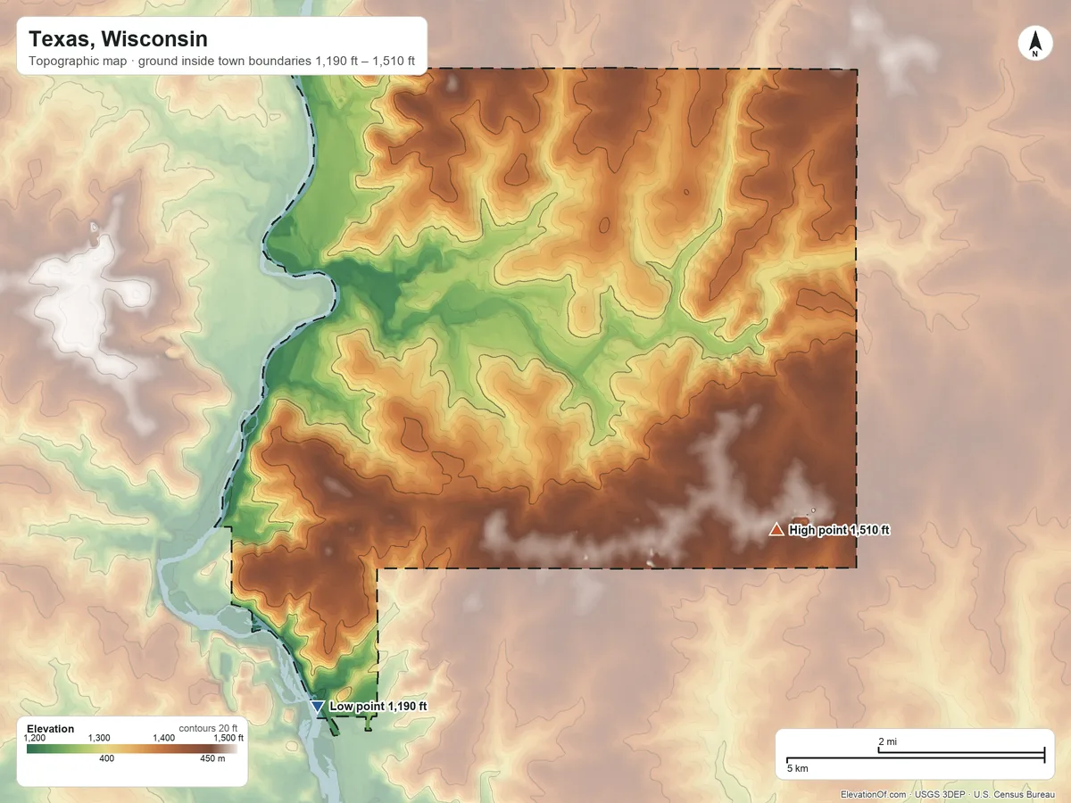 Topographic elevation map of Texas, Wisconsin, shaded from 1,190 ft on the southwest side to 1,510 ft on the east side