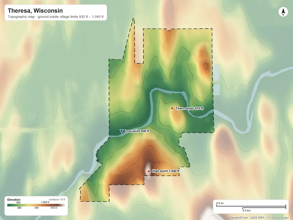 Topographic elevation map of Theresa, Wisconsin, shaded from 930 ft on the southwest side to 1,040 ft on the south side