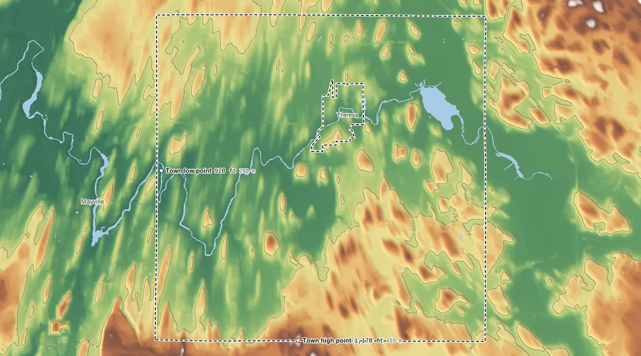 Topographic elevation map of Town of Theresa, Wisconsin, shaded from 920 ft on the west side to 1,170 ft on the south side