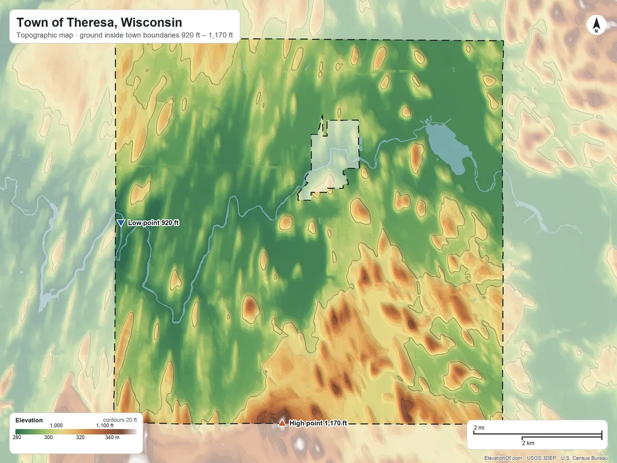 Topographic elevation map of Town of Theresa, Wisconsin, shaded from 920 ft on the west side to 1,170 ft on the south side
