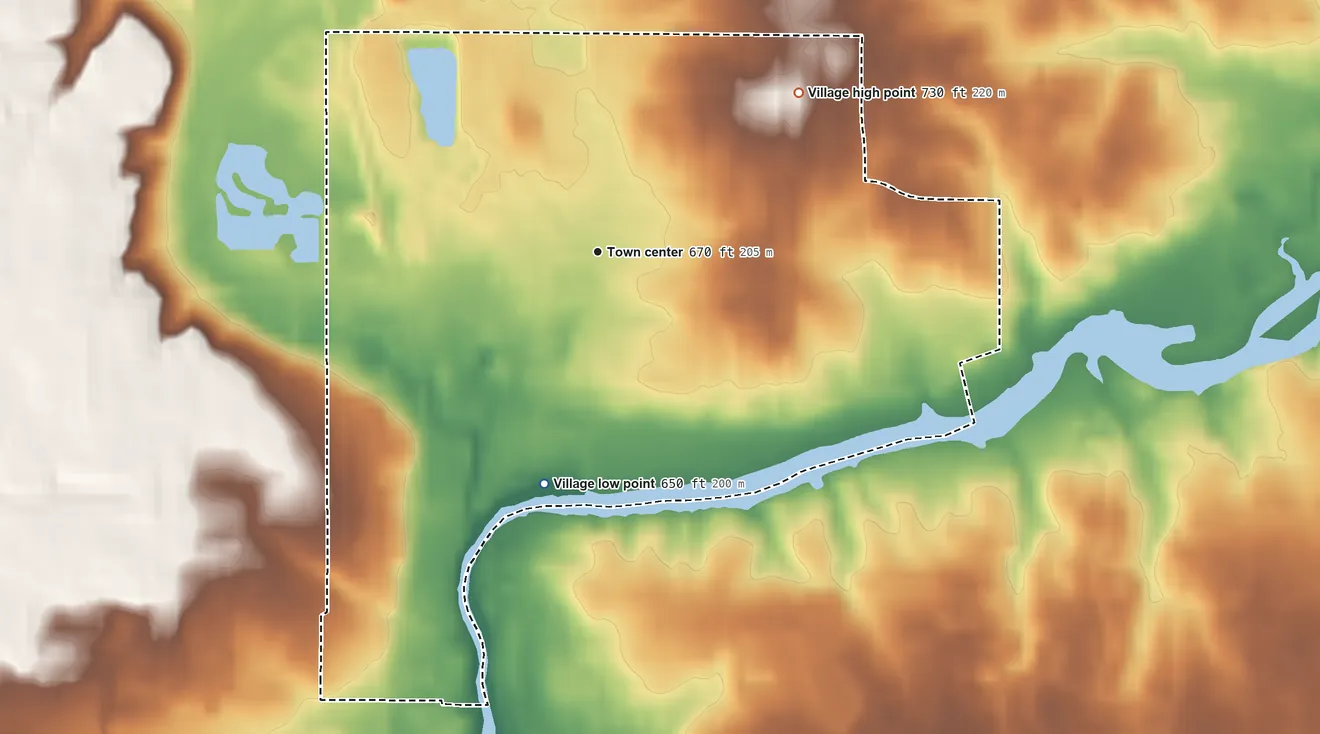 Topographic elevation map of Thiensville, Wisconsin, shaded from 650 ft on the south side to 730 ft on the northeast side