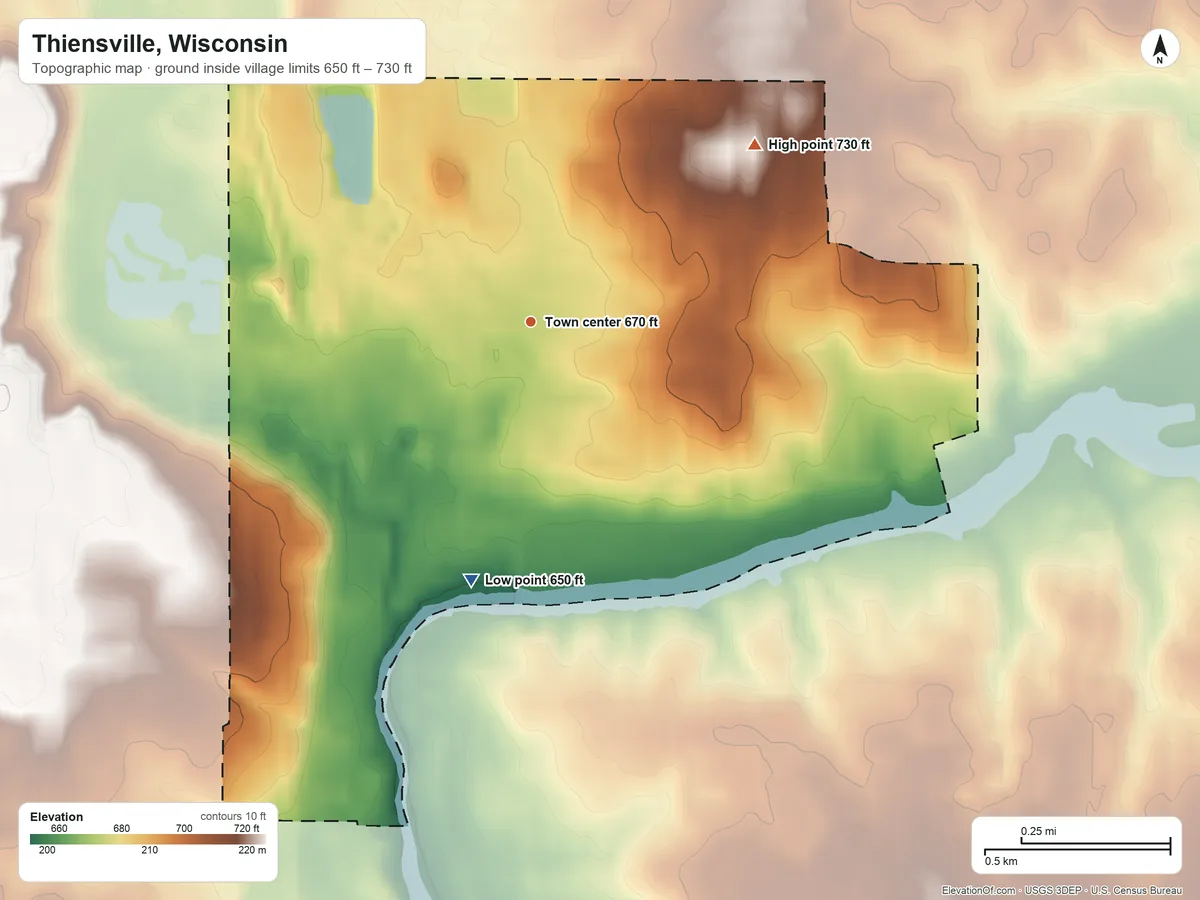Topographic elevation map of Thiensville, Wisconsin, shaded from 650 ft on the south side to 730 ft on the northeast side