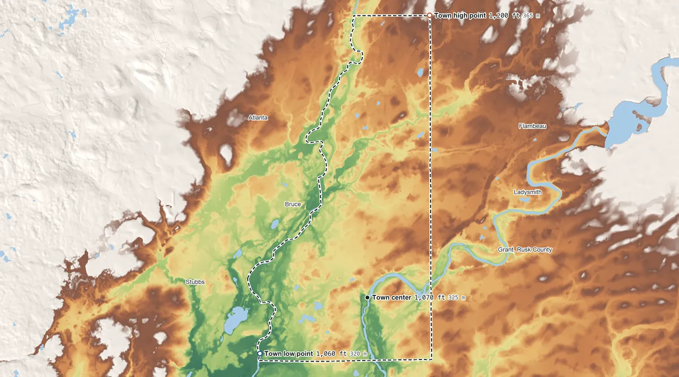 Topographic elevation map of Thornapple, Wisconsin, shaded from 1,060 ft on the southwest side to 1,200 ft on the north side