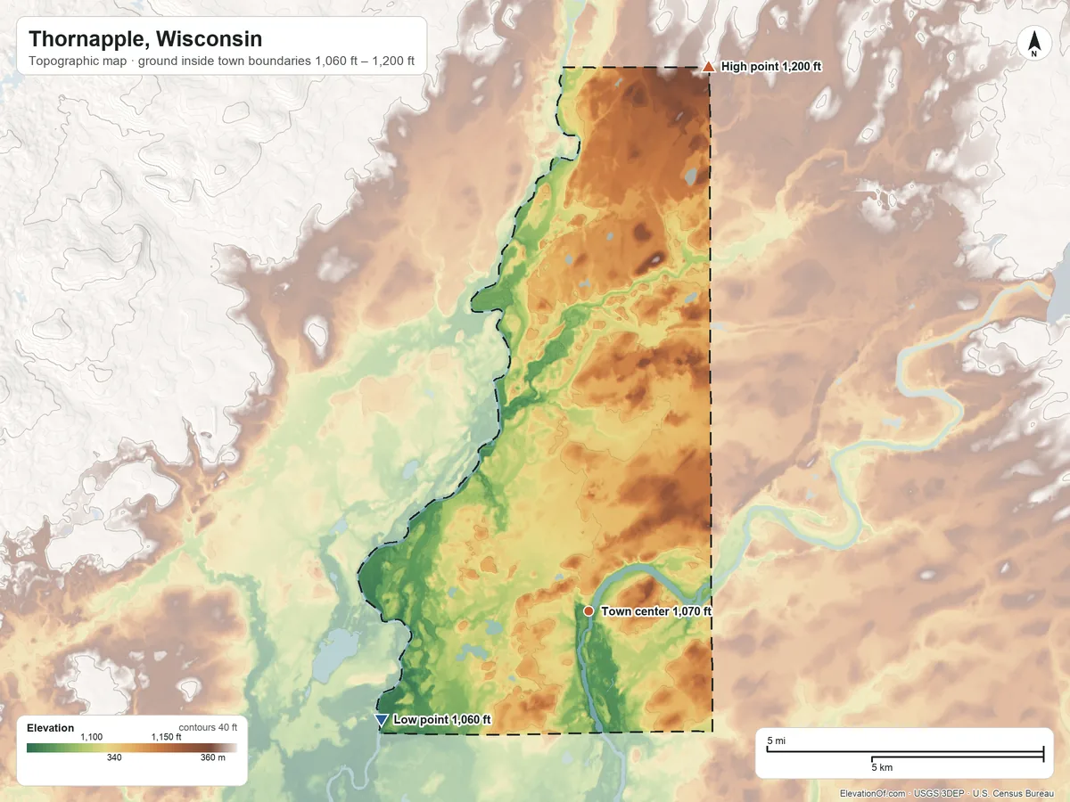 Topographic elevation map of Thornapple, Wisconsin, shaded from 1,060 ft on the southwest side to 1,200 ft on the north side