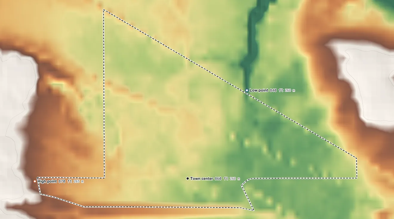 Topographic elevation map of Thornton, Wisconsin, shaded from 840 ft on the northeast side to 870 ft on the west side