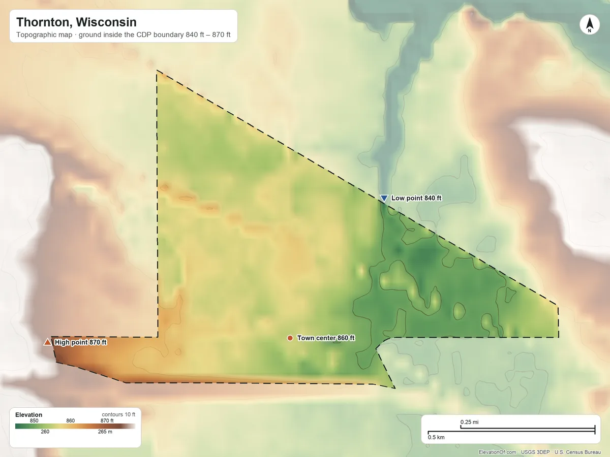 Topographic elevation map of Thornton, Wisconsin, shaded from 840 ft on the northeast side to 870 ft on the west side