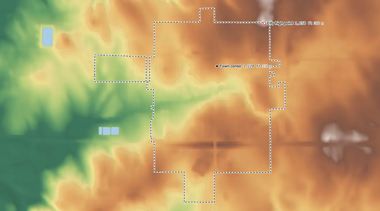 Topographic elevation map of Thorp, Wisconsin, shaded from 1,160 ft on the northwest side to 1,250 ft on the northeast side