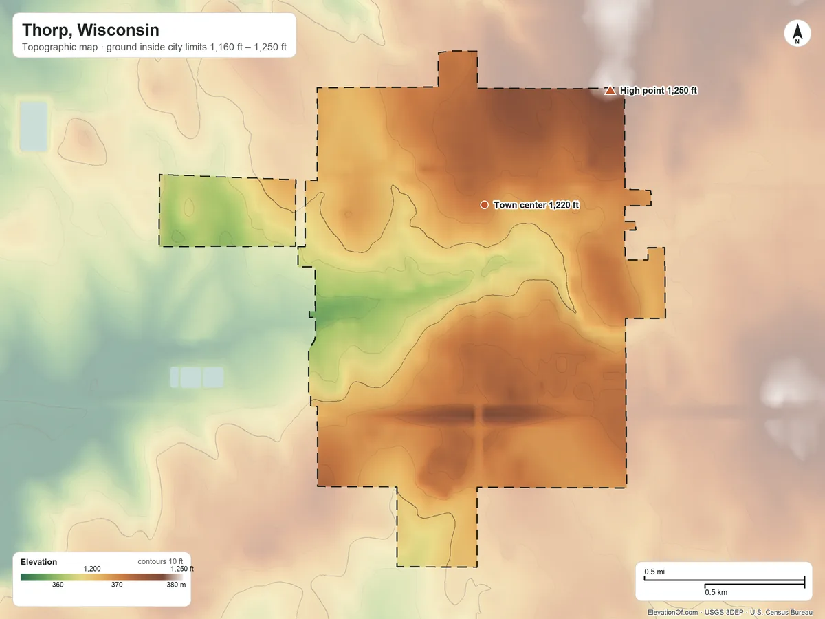 Topographic elevation map of Thorp, Wisconsin, shaded from 1,160 ft on the northwest side to 1,250 ft on the northeast side