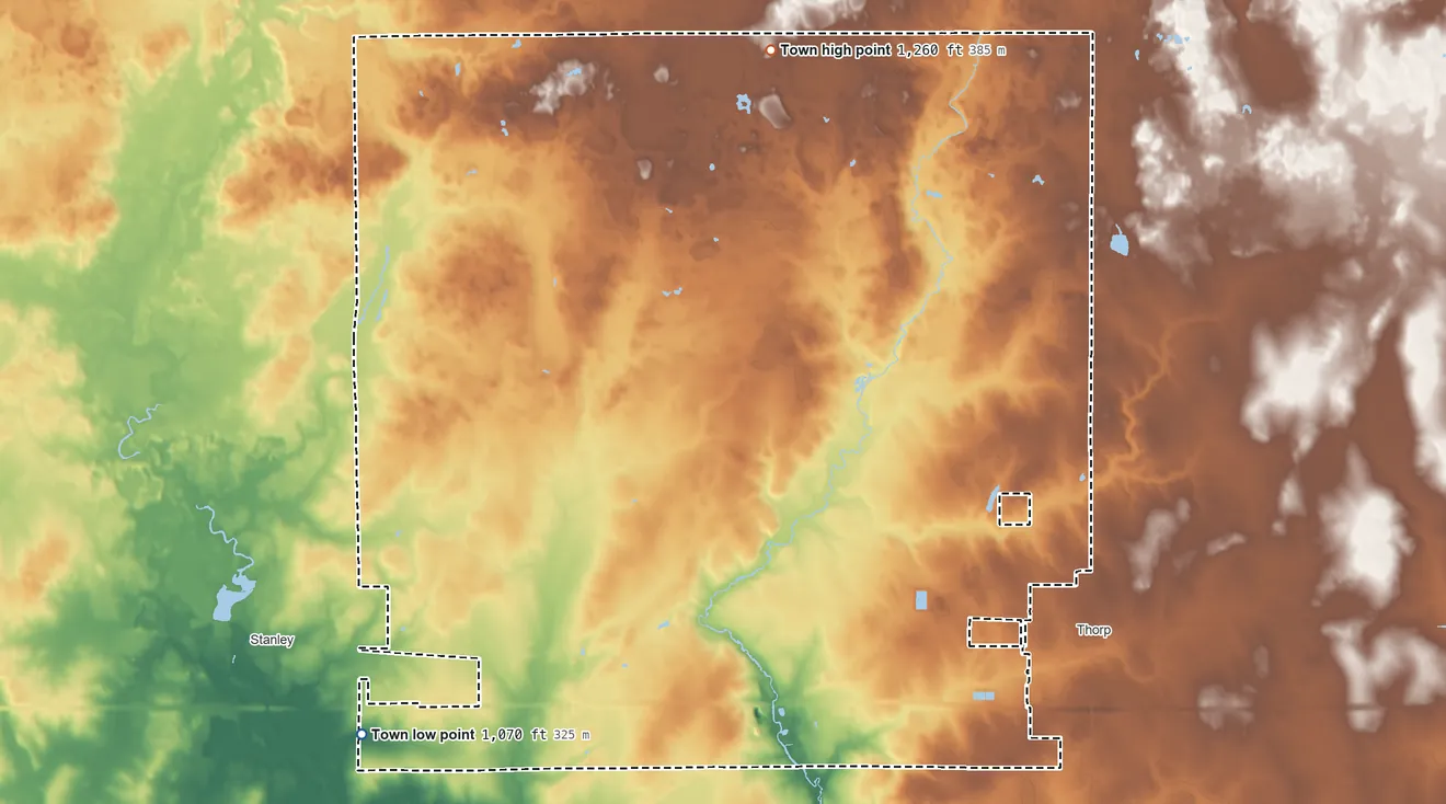 Topographic elevation map of Town of Thorp, Wisconsin, shaded from 1,070 ft on the southwest side to 1,260 ft on the north side