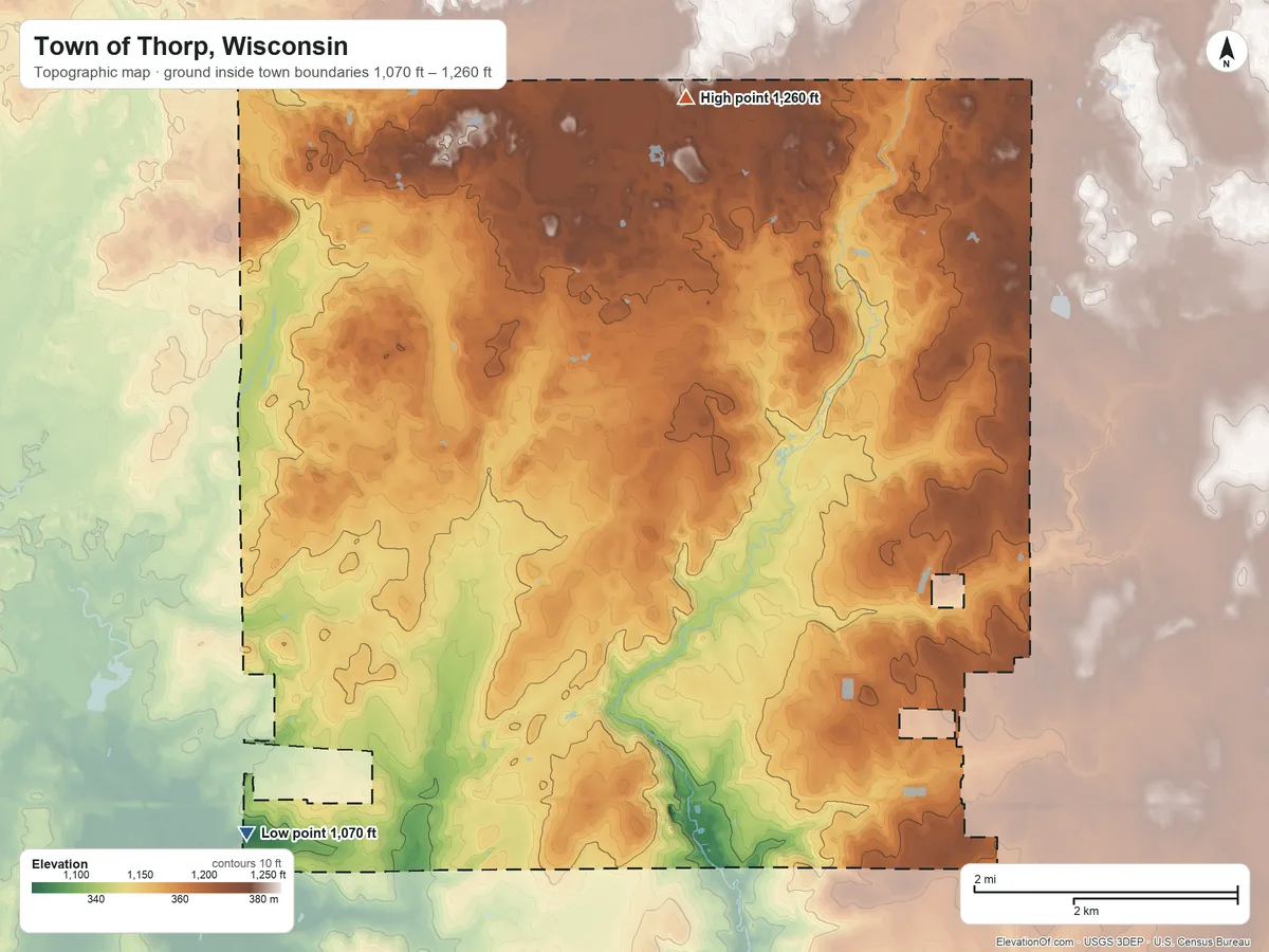 Topographic elevation map of Town of Thorp, Wisconsin, shaded from 1,070 ft on the southwest side to 1,260 ft on the north side