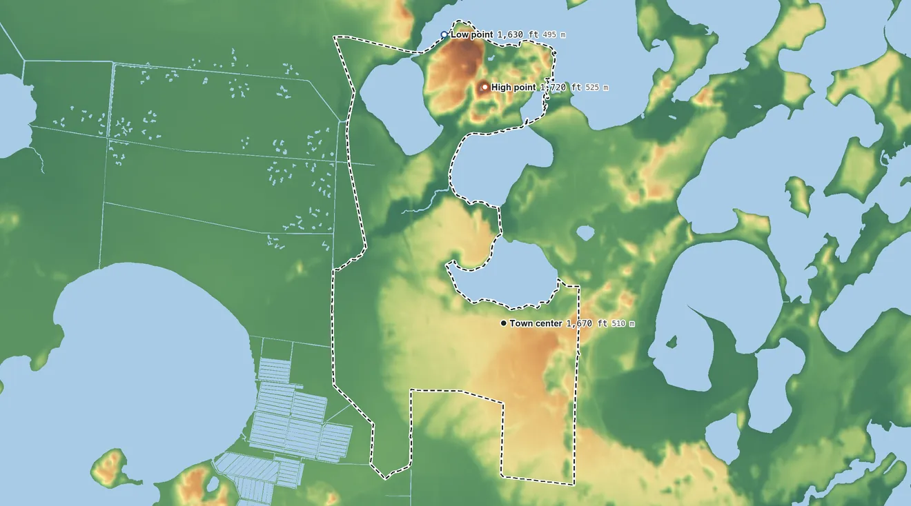 Topographic elevation map of Three Lakes, Oneida County, Wisconsin, shaded from 1,630 ft on the north side to 1,720 ft on the north side