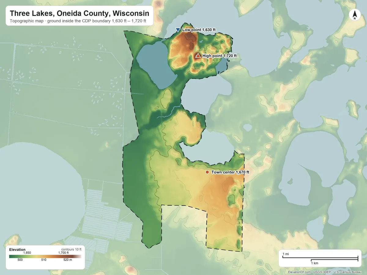 Topographic elevation map of Three Lakes, Oneida County, Wisconsin, shaded from 1,630 ft on the north side to 1,720 ft on the north side
