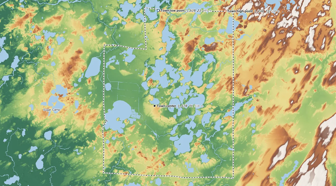 Topographic elevation map of Three Lakes, Wisconsin, shaded from 1,620 ft on the north side to 1,740 ft on the northeast side