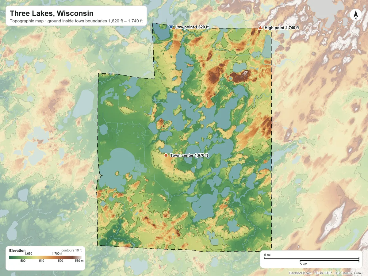 Topographic elevation map of Three Lakes, Wisconsin, shaded from 1,620 ft on the north side to 1,740 ft on the northeast side