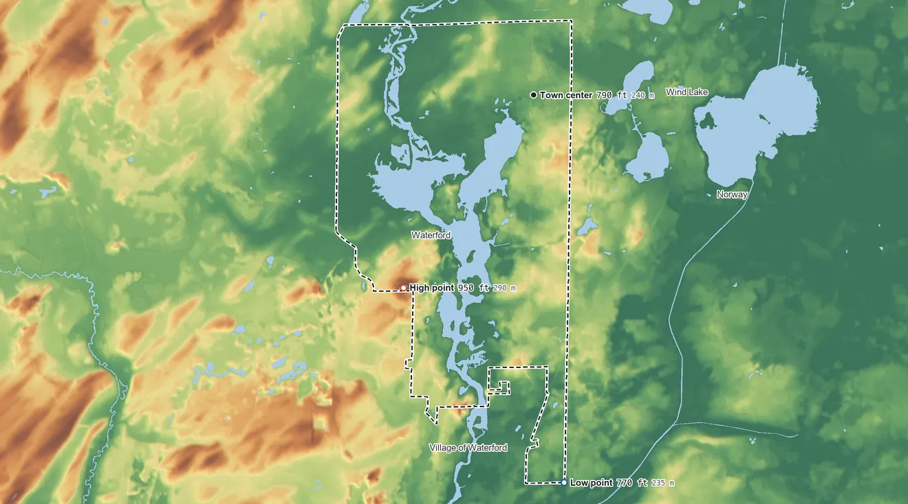 Topographic elevation map of Tichigan, Wisconsin, shaded from 770 ft on the south side to 950 ft on the southwest side