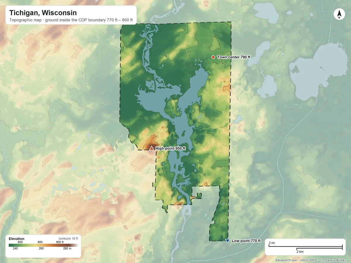 Topographic elevation map of Tichigan, Wisconsin, shaded from 770 ft on the south side to 950 ft on the southwest side
