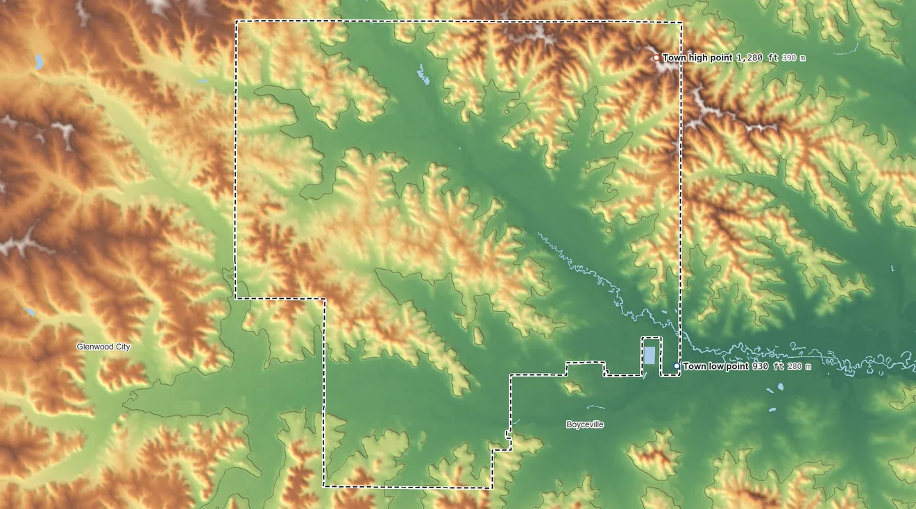 Topographic elevation map of Tiffany, Wisconsin, shaded from 930 ft on the southeast side to 1,280 ft on the northeast side