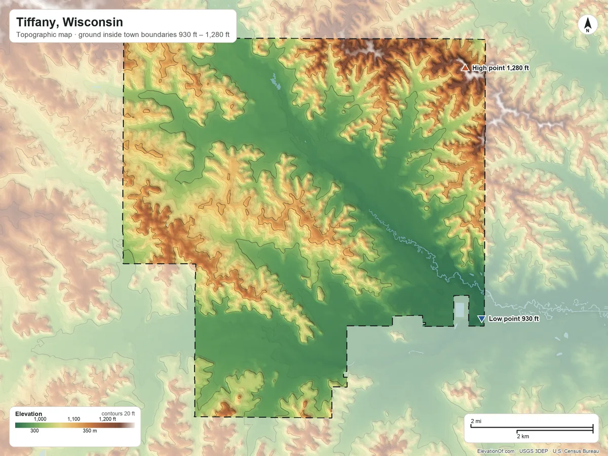 Topographic elevation map of Tiffany, Wisconsin, shaded from 930 ft on the southeast side to 1,280 ft on the northeast side