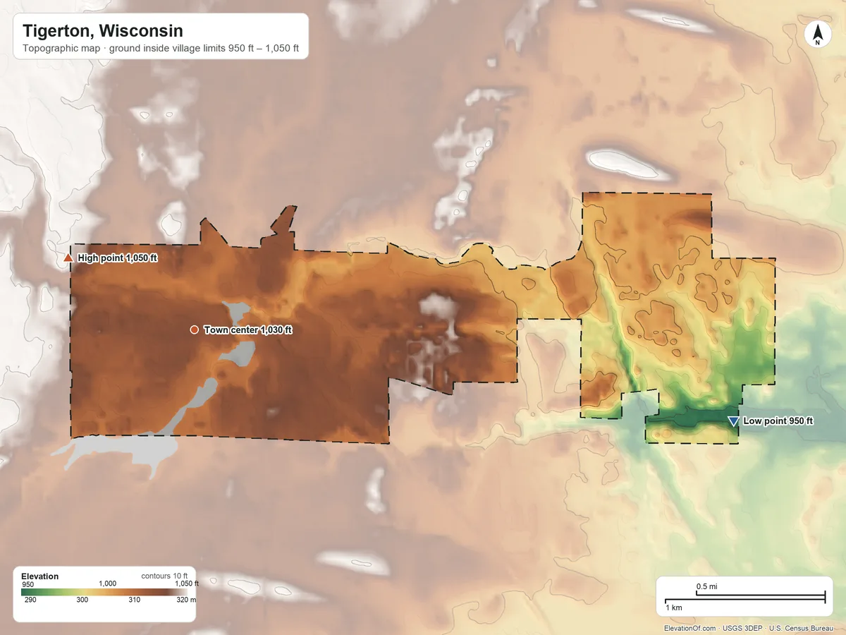 Topographic elevation map of Tigerton, Wisconsin, shaded from 950 ft on the east side to 1,050 ft on the northwest side