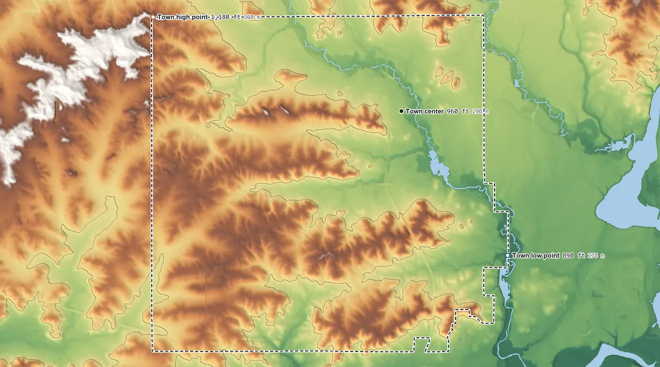 Topographic elevation map of Tilden, Wisconsin, shaded from 890 ft on the southeast side to 1,180 ft on the west side