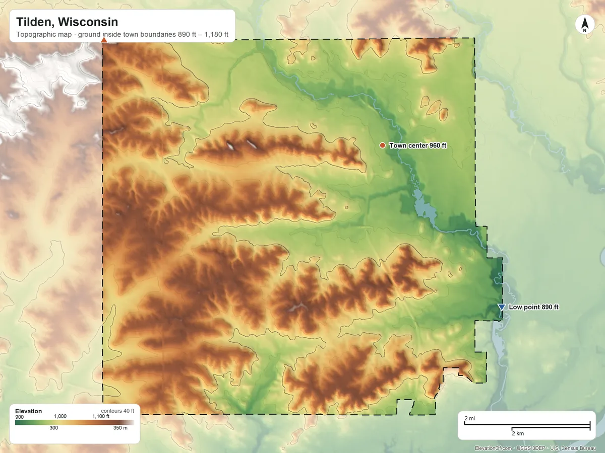 Topographic elevation map of Tilden, Wisconsin, shaded from 890 ft on the southeast side to 1,180 ft on the west side