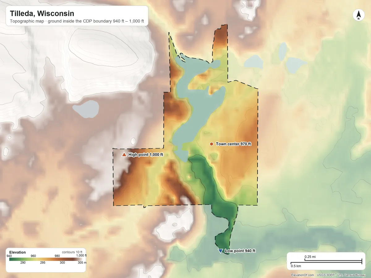 Topographic elevation map of Tilleda, Wisconsin, shaded from 940 ft on the south side to 1,000 ft on the west side