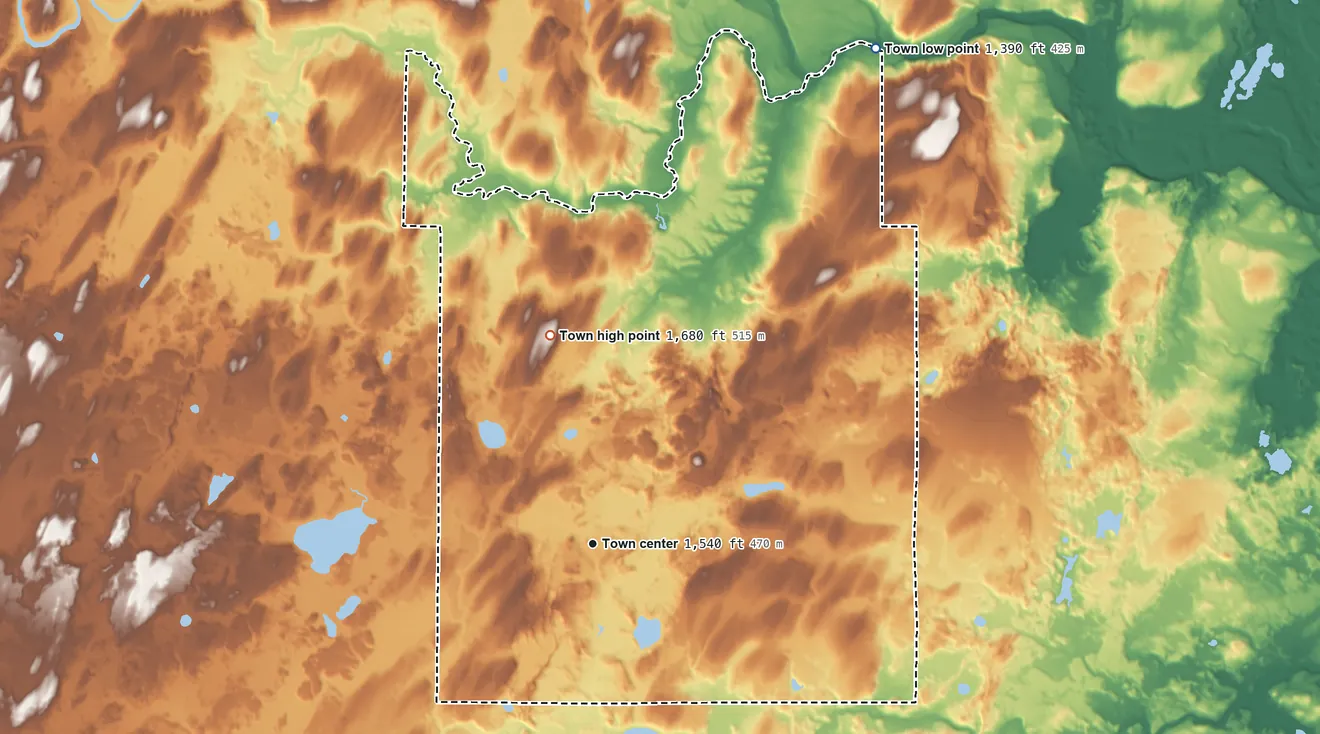 Topographic elevation map of Tipler, Wisconsin, shaded from 1,390 ft on the northeast side to 1,680 ft on the north side