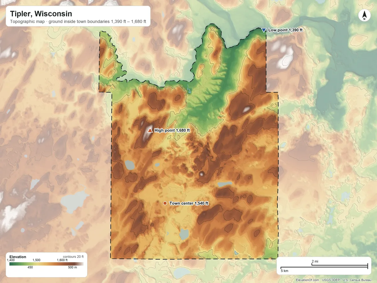 Topographic elevation map of Tipler, Wisconsin, shaded from 1,390 ft on the northeast side to 1,680 ft on the north side