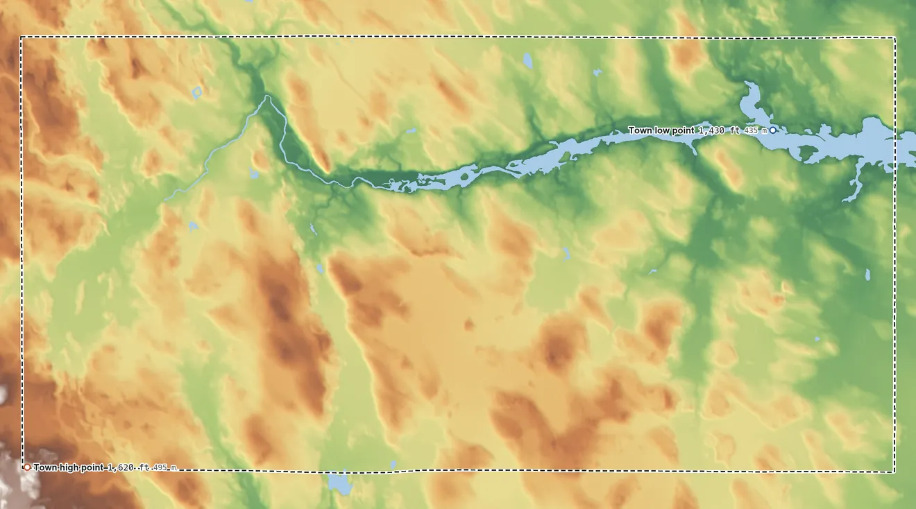 Topographic elevation map of Town of Tomahawk, Wisconsin, shaded from 1,430 ft on the east side to 1,620 ft on the southwest side