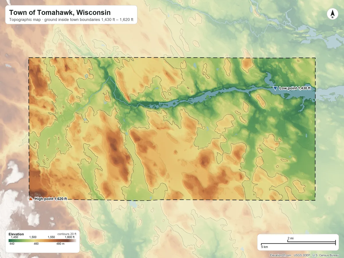 Topographic elevation map of Town of Tomahawk, Wisconsin, shaded from 1,430 ft on the east side to 1,620 ft on the southwest side