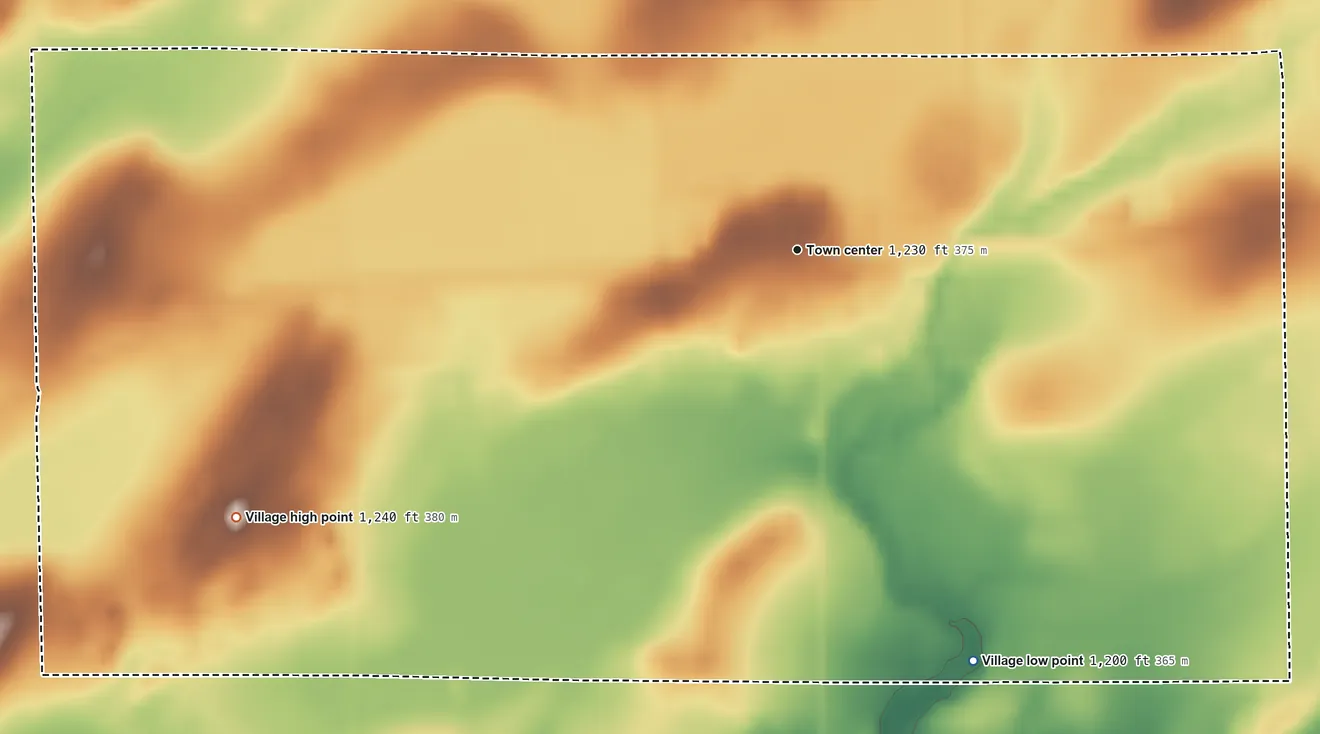 Topographic elevation map of Tony, Wisconsin, shaded from 1,200 ft on the southeast side to 1,240 ft on the southwest side
