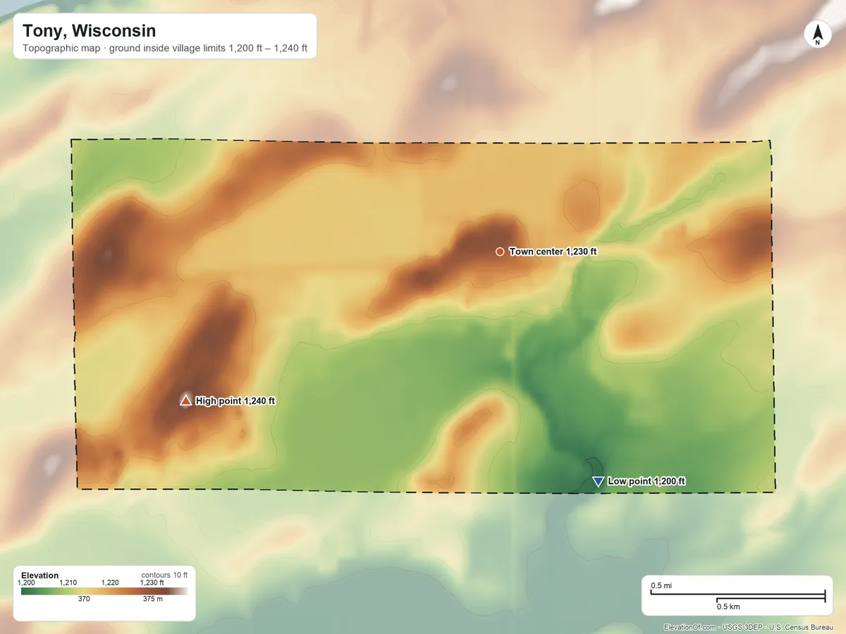 Topographic elevation map of Tony, Wisconsin, shaded from 1,200 ft on the southeast side to 1,240 ft on the southwest side