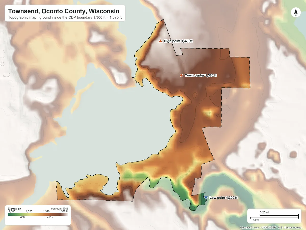 Topographic elevation map of Townsend, Oconto County, Wisconsin, shaded from 1,300 ft on the south side to 1,370 ft on the northwest side