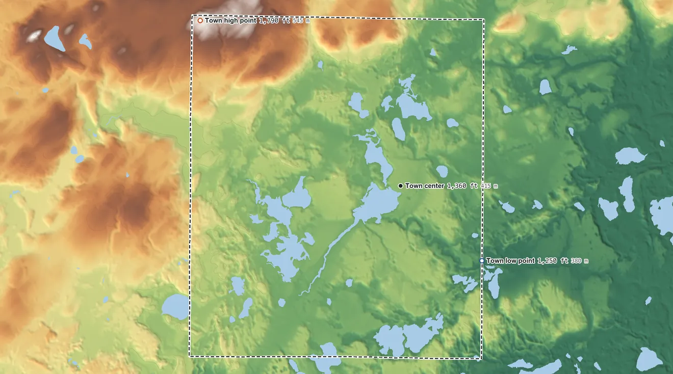 Topographic elevation map of Townsend, Wisconsin, shaded from 1,250 ft on the southeast side to 1,790 ft on the northwest side