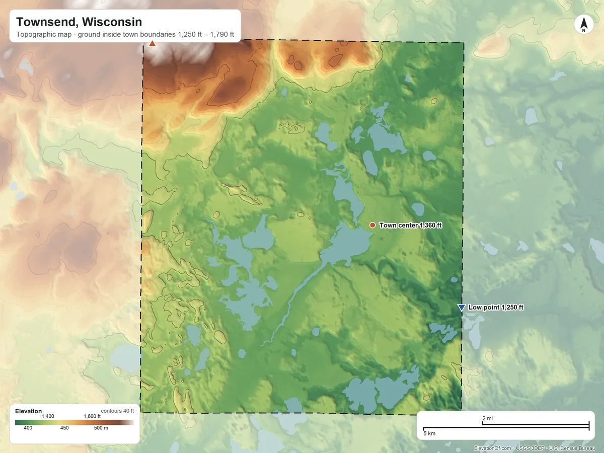 Topographic elevation map of Townsend, Wisconsin, shaded from 1,250 ft on the southeast side to 1,790 ft on the northwest side