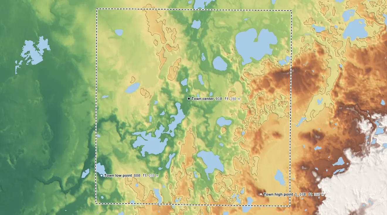 Topographic elevation map of Trade Lake, Wisconsin, shaded from 880 ft on the southwest side to 1,170 ft on the southeast side