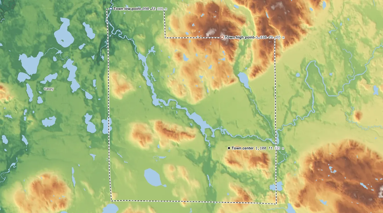 Topographic elevation map of Trego, Wisconsin, shaded from 990 ft on the northwest side to 1,330 ft on the north side