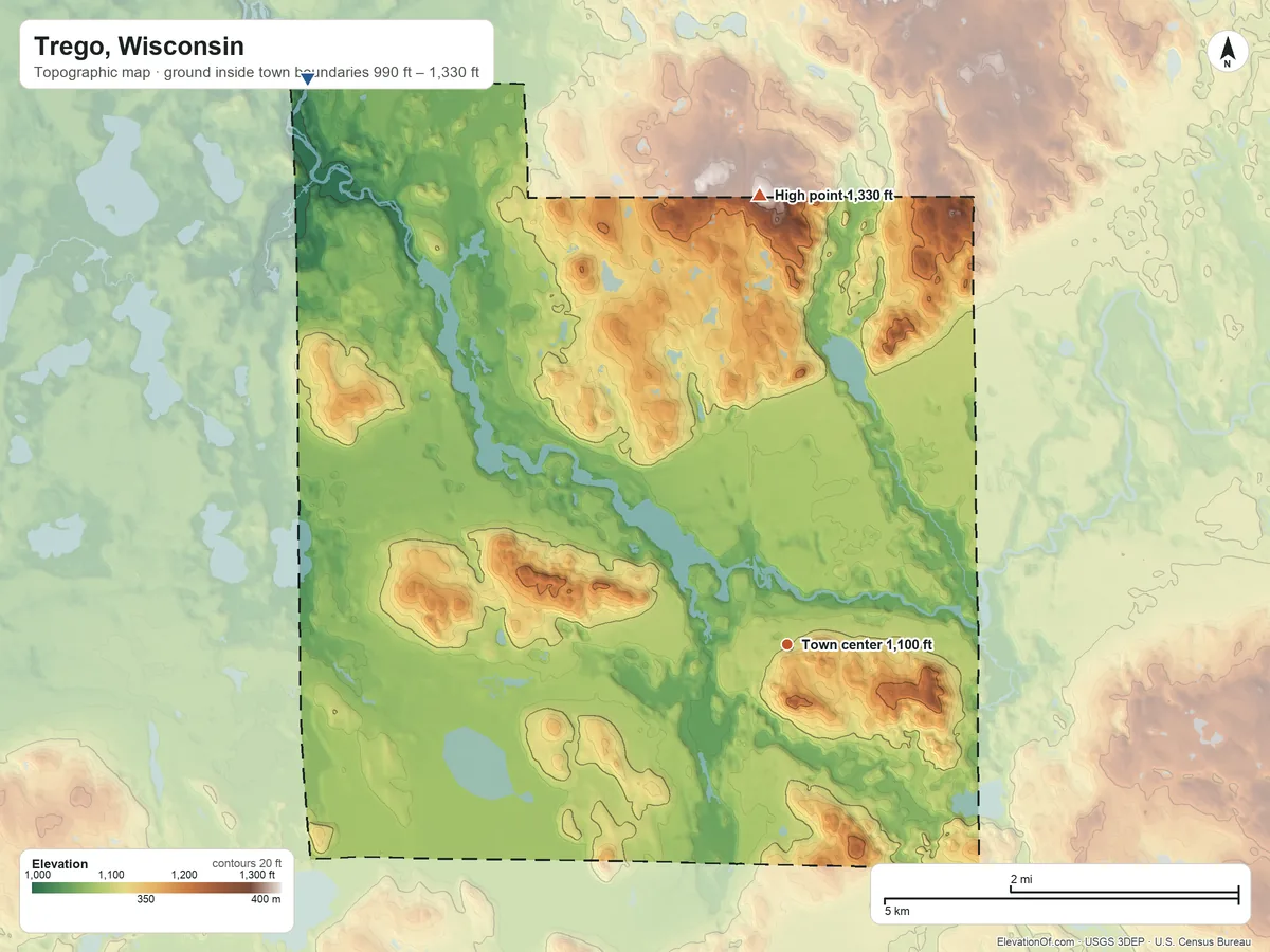 Topographic elevation map of Trego, Wisconsin, shaded from 990 ft on the northwest side to 1,330 ft on the north side