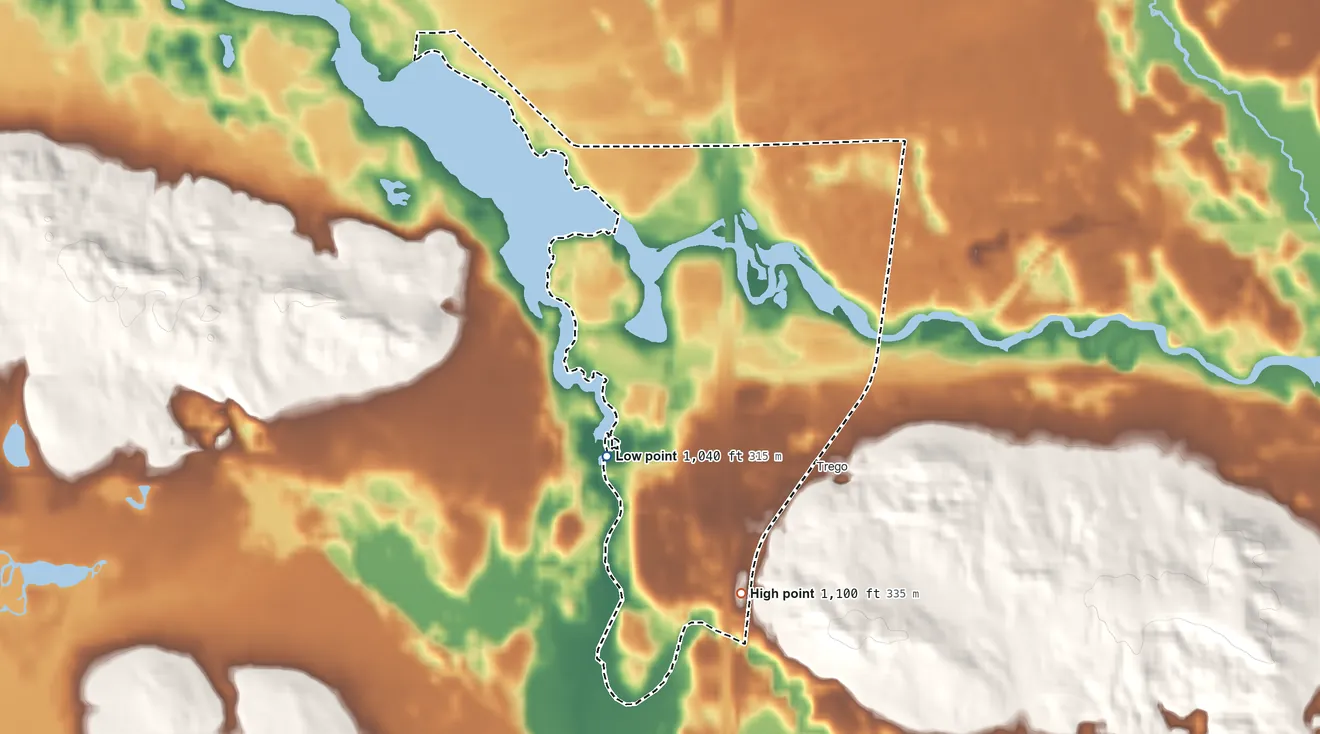Topographic elevation map of Trego, Washburn County, Wisconsin, shaded from 1,040 ft on the southwest side to 1,100 ft on the south side