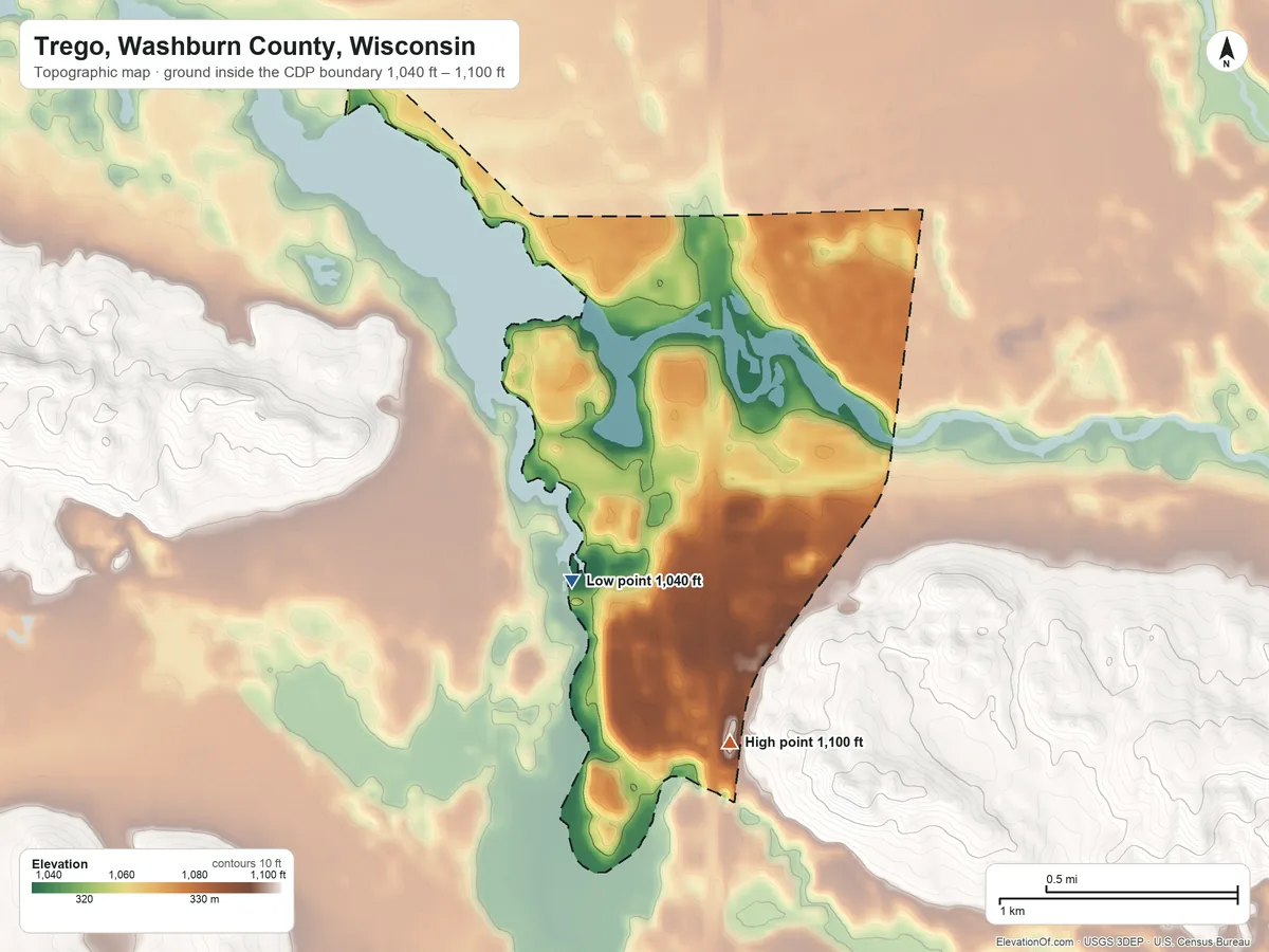 Topographic elevation map of Trego, Washburn County, Wisconsin, shaded from 1,040 ft on the southwest side to 1,100 ft on the south side