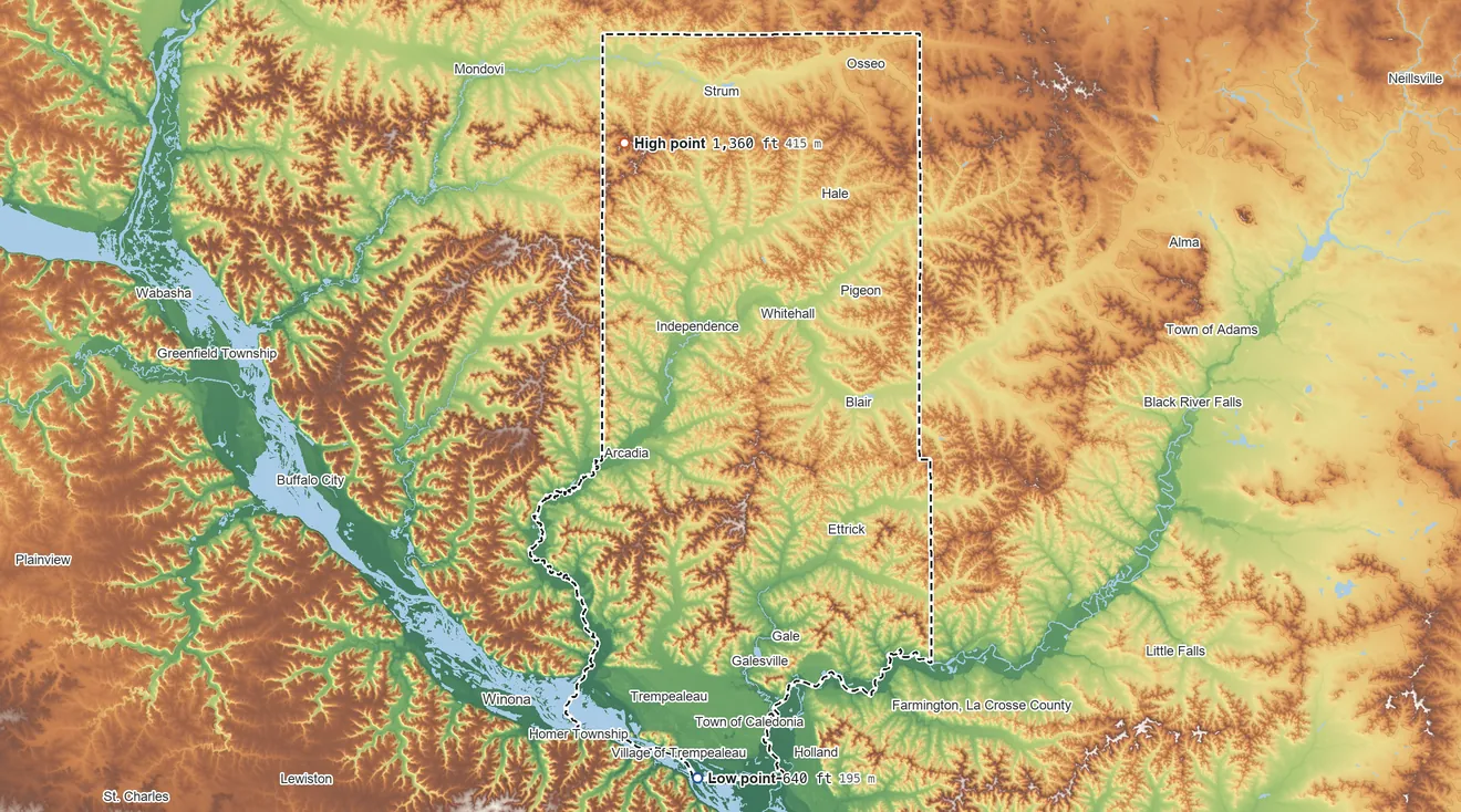 Topographic elevation map of Trempealeau County, Wisconsin, shaded from 640 ft on the south side to 1,360 ft on the north side