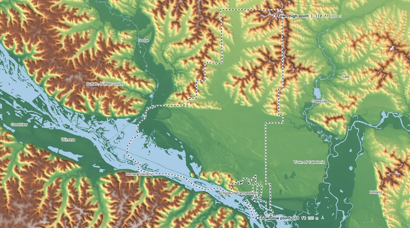 Topographic elevation map of Trempealeau, Wisconsin, shaded from 640 ft on the south side to 1,310 ft on the north side