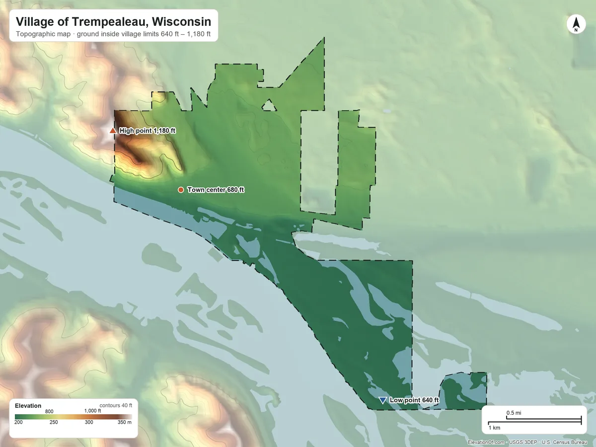 Topographic elevation map of Village of Trempealeau, Wisconsin, shaded from 640 ft on the southeast side to 1,180 ft on the northwest side