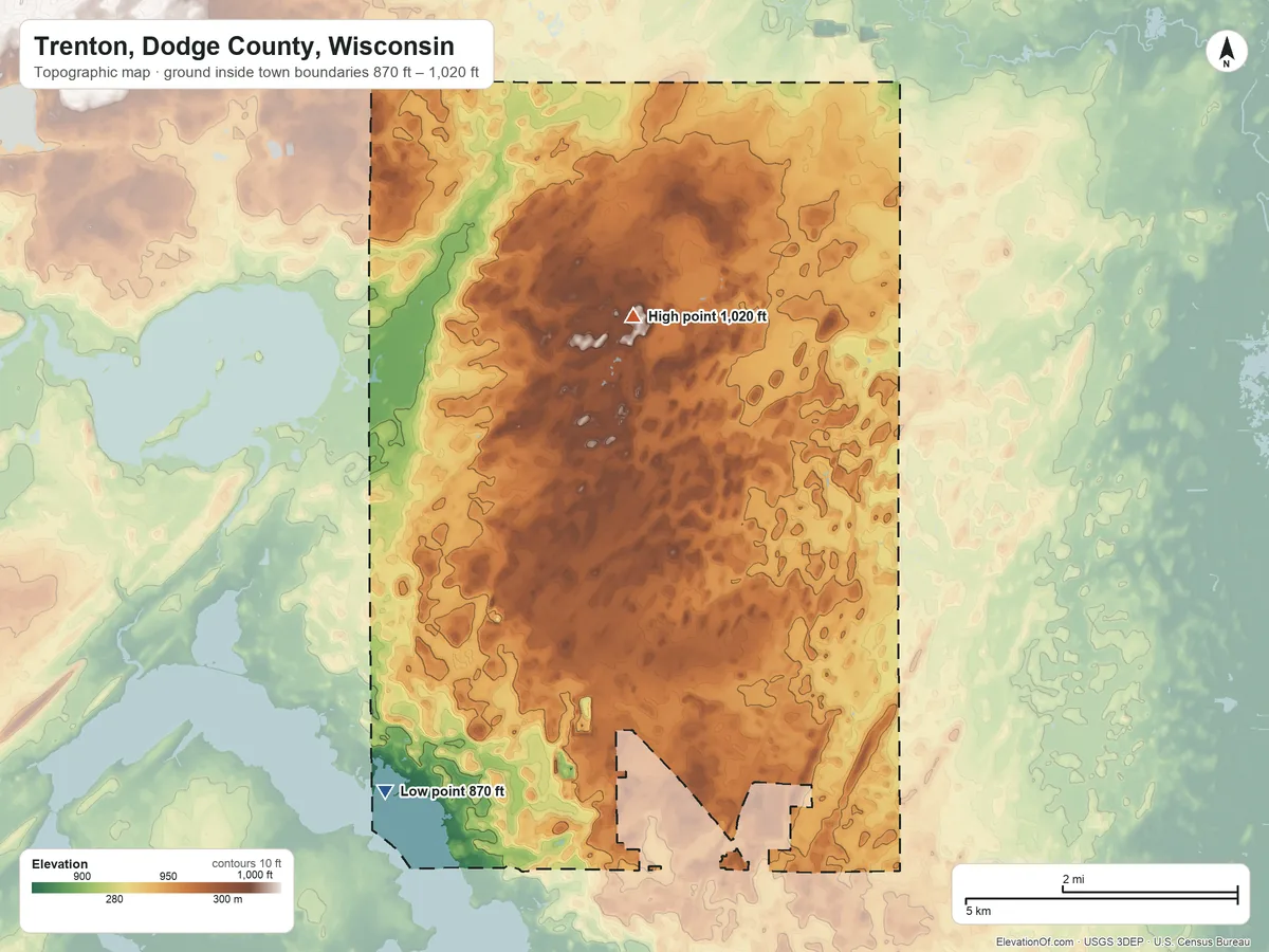 Topographic elevation map of Trenton, Dodge County, Wisconsin, shaded from 870 ft on the southwest side to 1,020 ft on the north side
