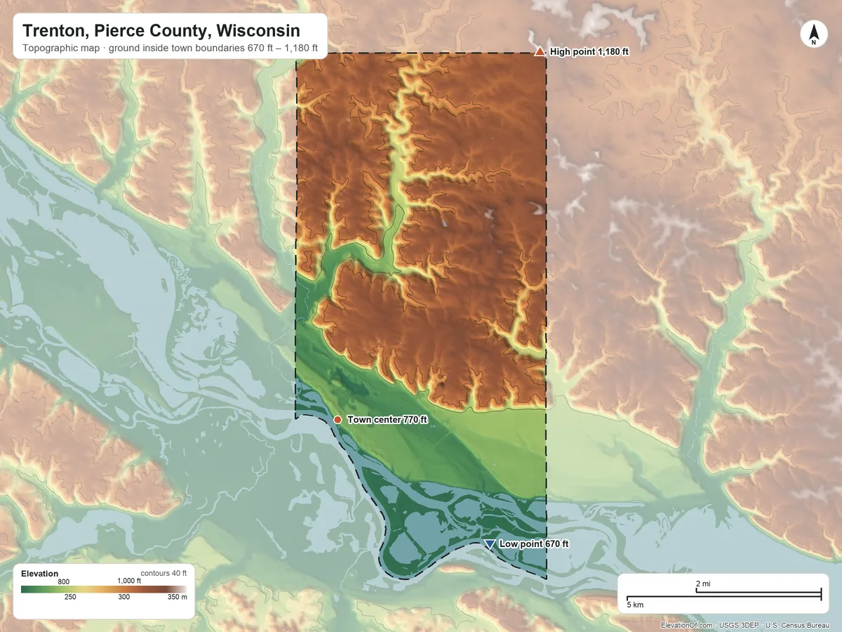 Topographic elevation map of Trenton, Pierce County, Wisconsin, shaded from 670 ft on the southeast side to 1,180 ft on the northeast side