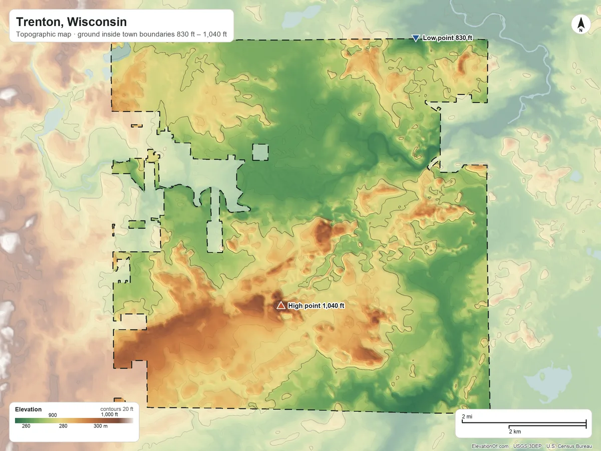 Topographic elevation map of Trenton, Wisconsin, shaded from 830 ft on the northeast side to 1,040 ft on the south side