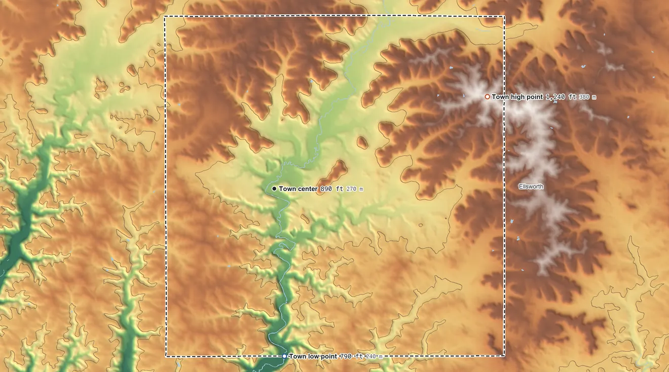 Topographic elevation map of Trimbelle, Wisconsin, shaded from 790 ft on the south side to 1,240 ft on the northeast side