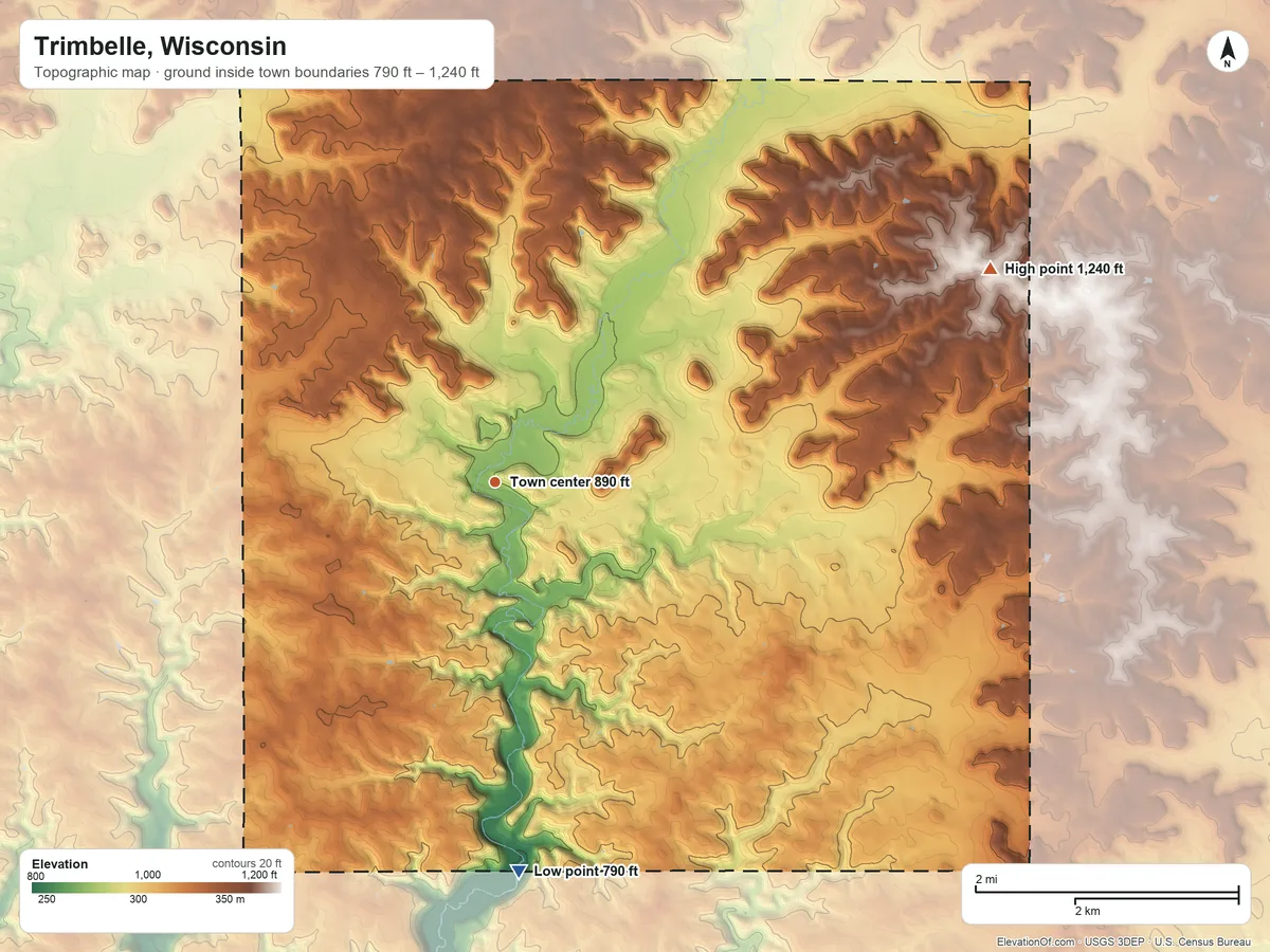 Topographic elevation map of Trimbelle, Wisconsin, shaded from 790 ft on the south side to 1,240 ft on the northeast side
