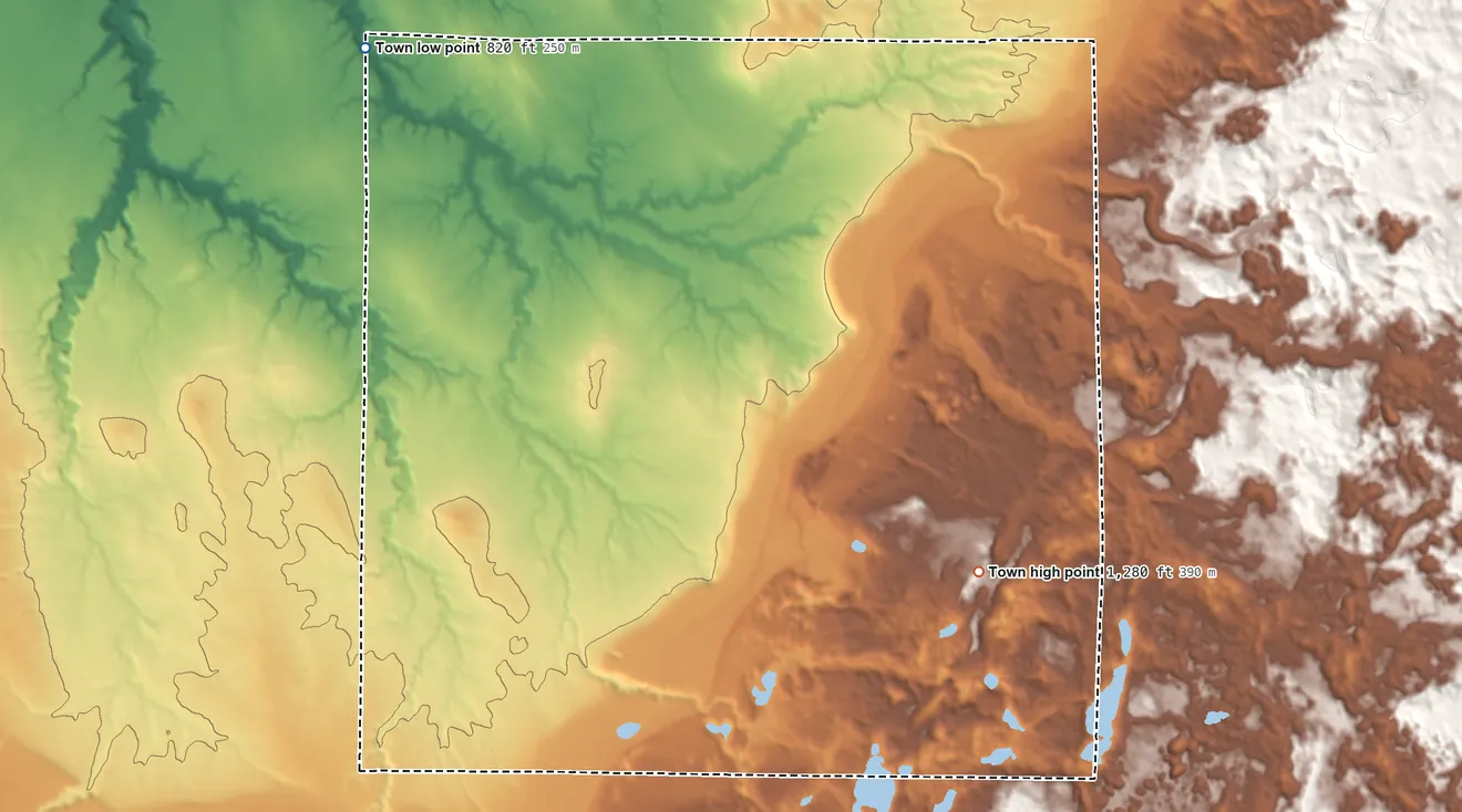 Topographic elevation map of Tripp, Wisconsin, shaded from 820 ft on the northwest side to 1,280 ft on the east side