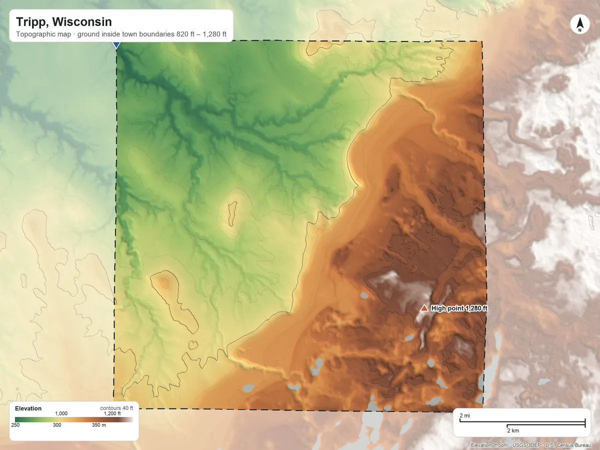Topographic elevation map of Tripp, Wisconsin, shaded from 820 ft on the northwest side to 1,280 ft on the east side